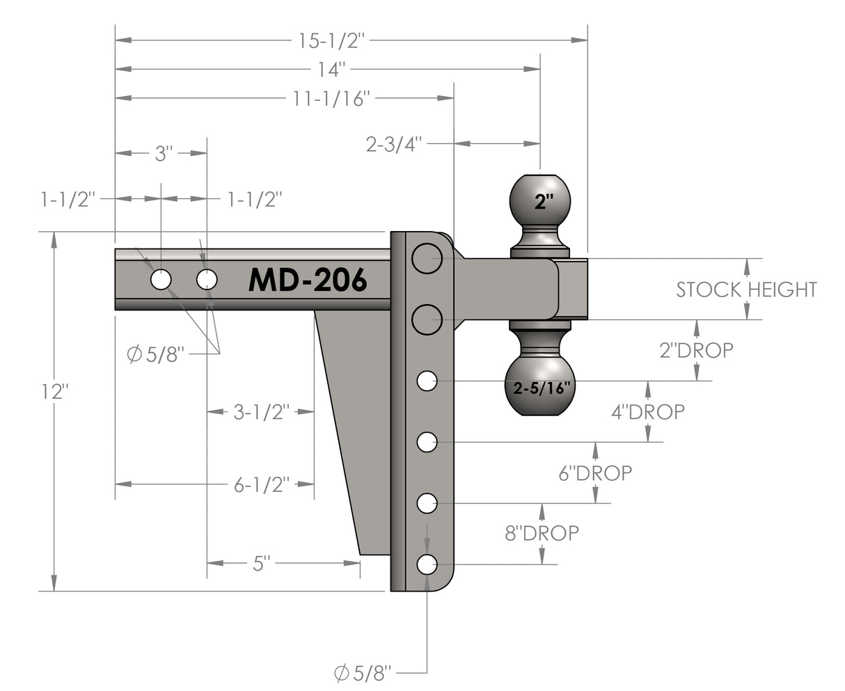 2.0” Medium Duty 6” Drop/Rise Trailer Hitch